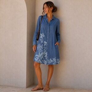 Soft Surroundings Shirt Dress Womens PS Blue Floral Chambray Lyocell Tencel